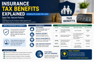 Infographic explaining insurance tax benefits in India for 2026, covering Sections 80C, 80D, 10(10D), and key savings on life and health insurance premiums.