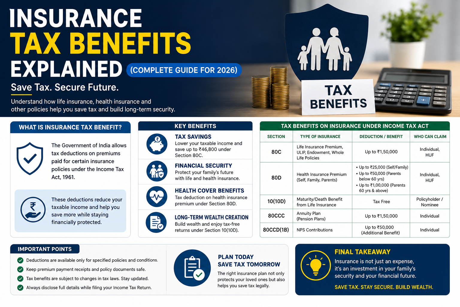 Infographic explaining insurance tax benefits in India for 2026, covering Sections 80C, 80D, 10(10D), and key savings on life and health insurance premiums.