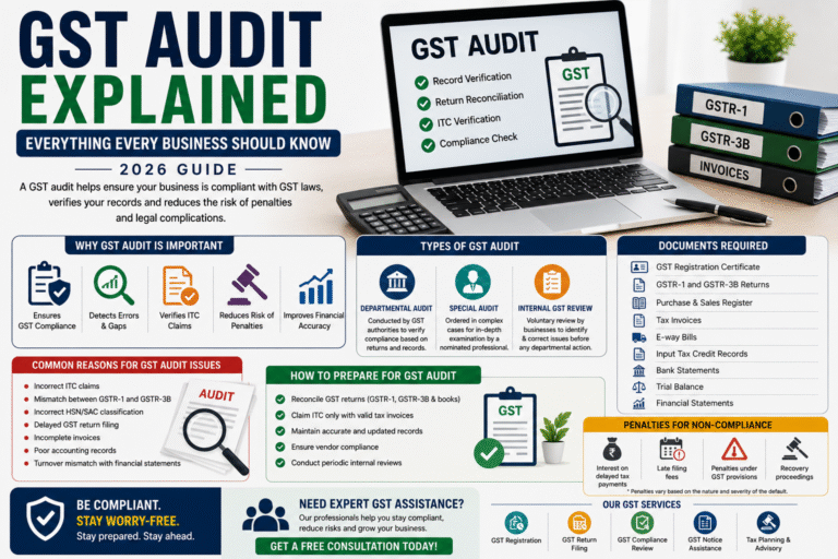 GST audit explained in India 2026 showing GST compliance, audit process, required documents, and business preparation guide.