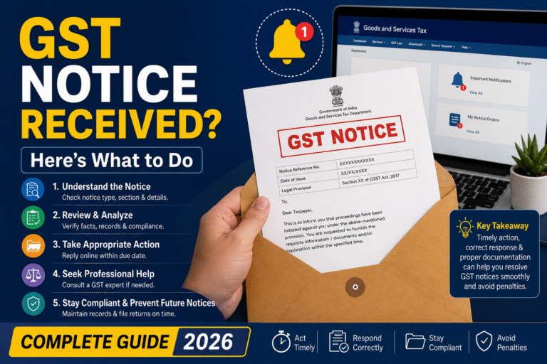 GST Notice Received? Here's What to Do (Complete Guide 2026) infographic featuring a GST notice document, GST portal dashboard, and step-by-step guidance for responding to GST notices and avoiding penalties.