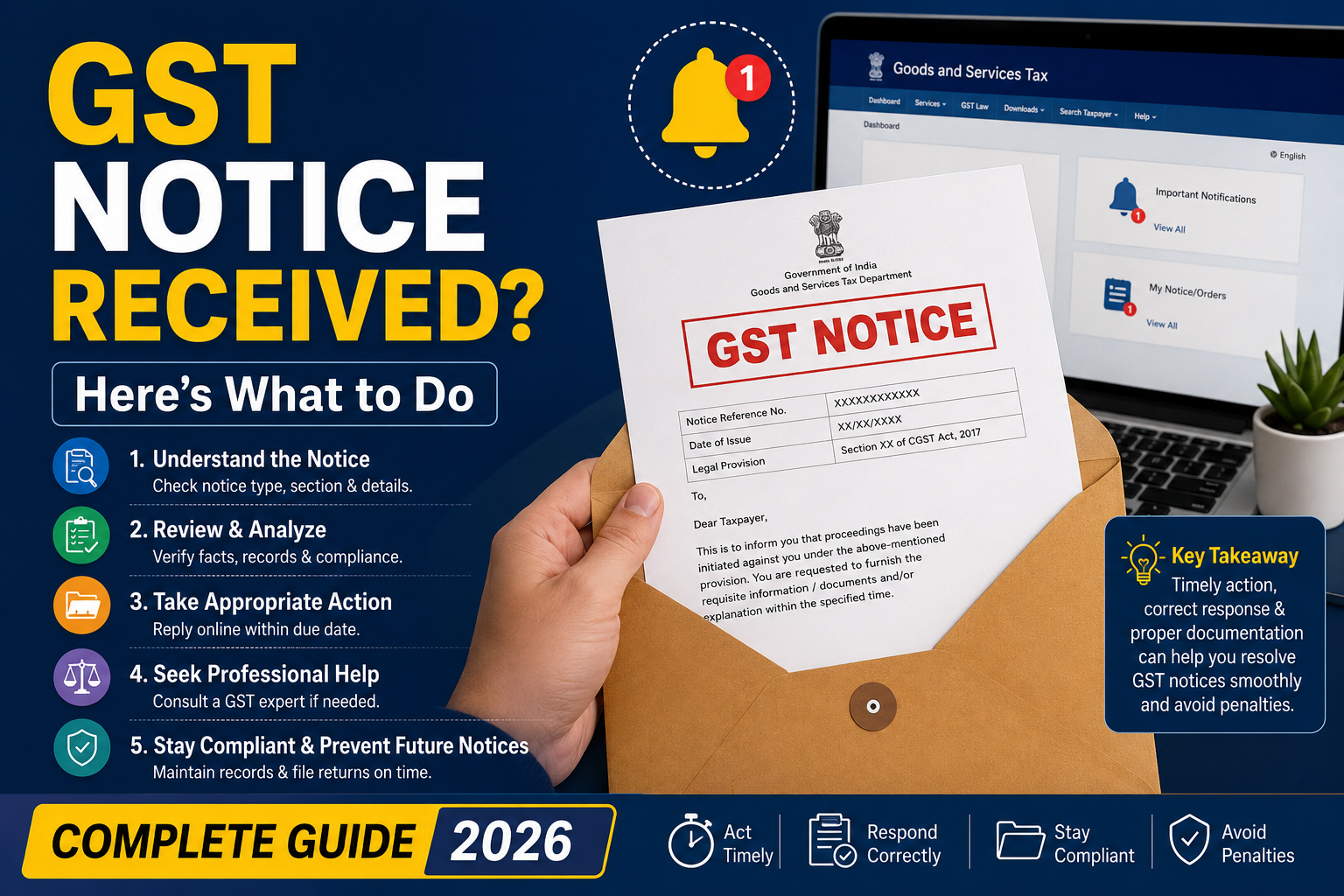 GST Notice Received? Here's What to Do (Complete Guide 2026) infographic featuring a GST notice document, GST portal dashboard, and step-by-step guidance for responding to GST notices and avoiding penalties.
