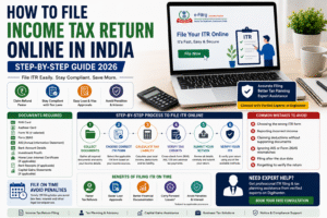 How to file Income Tax Return online in India step-by-step guide for 2026 with ITR filing process, required documents, tax benefits, and expert assistance.