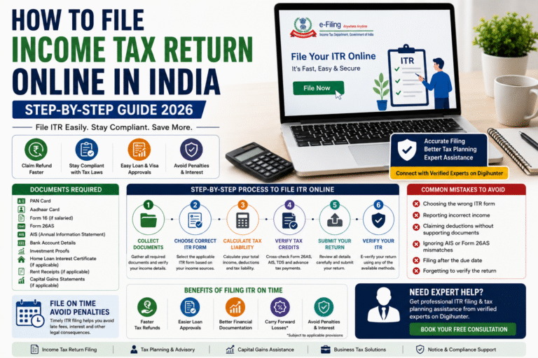 How to file Income Tax Return online in India step-by-step guide for 2026 with ITR filing process, required documents, tax benefits, and expert assistance.